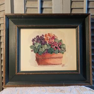 Vintage Peggy Abrams wooden framed watercolor print violets